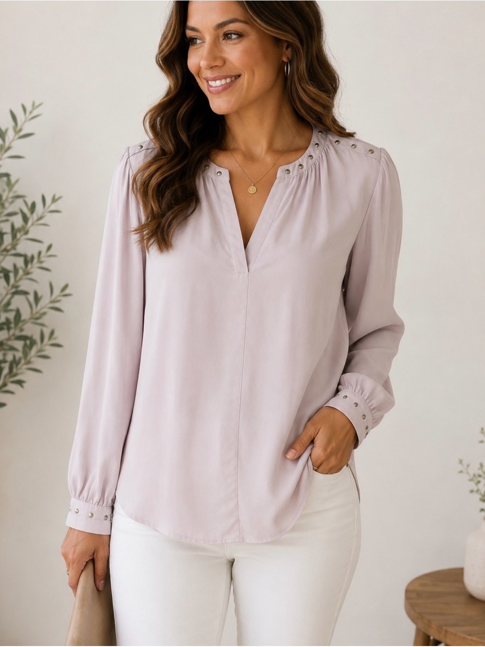 Carmen by Carmen Marc Valvo Blush Pink Studded High Low Blouse